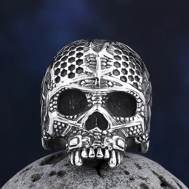 Warrior Skeletal Tribal Engravings Skull Ring - Chrome Cult